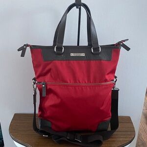 Burberry Black Label 2 Way Tote Bag Red Canvas w/Brown Leather